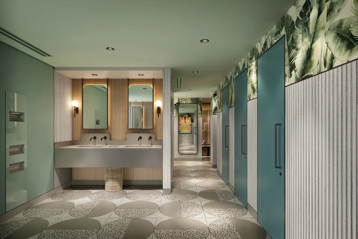 Interior render of the changing rooms with arched mirrors, tropical wallpaper, and terrazzo finishes