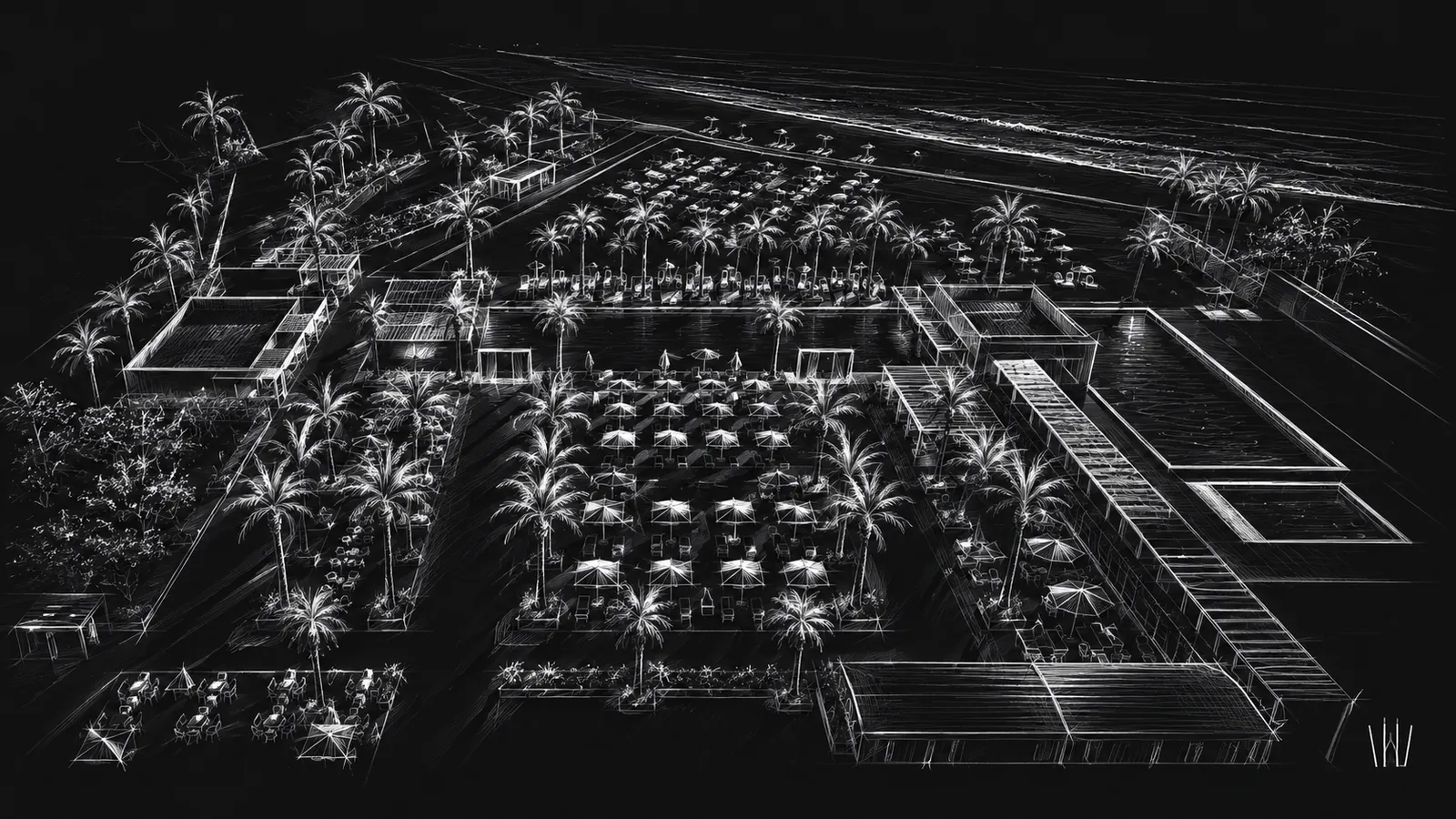 Hand-drawn aerial concept sketch of the pool deck at night