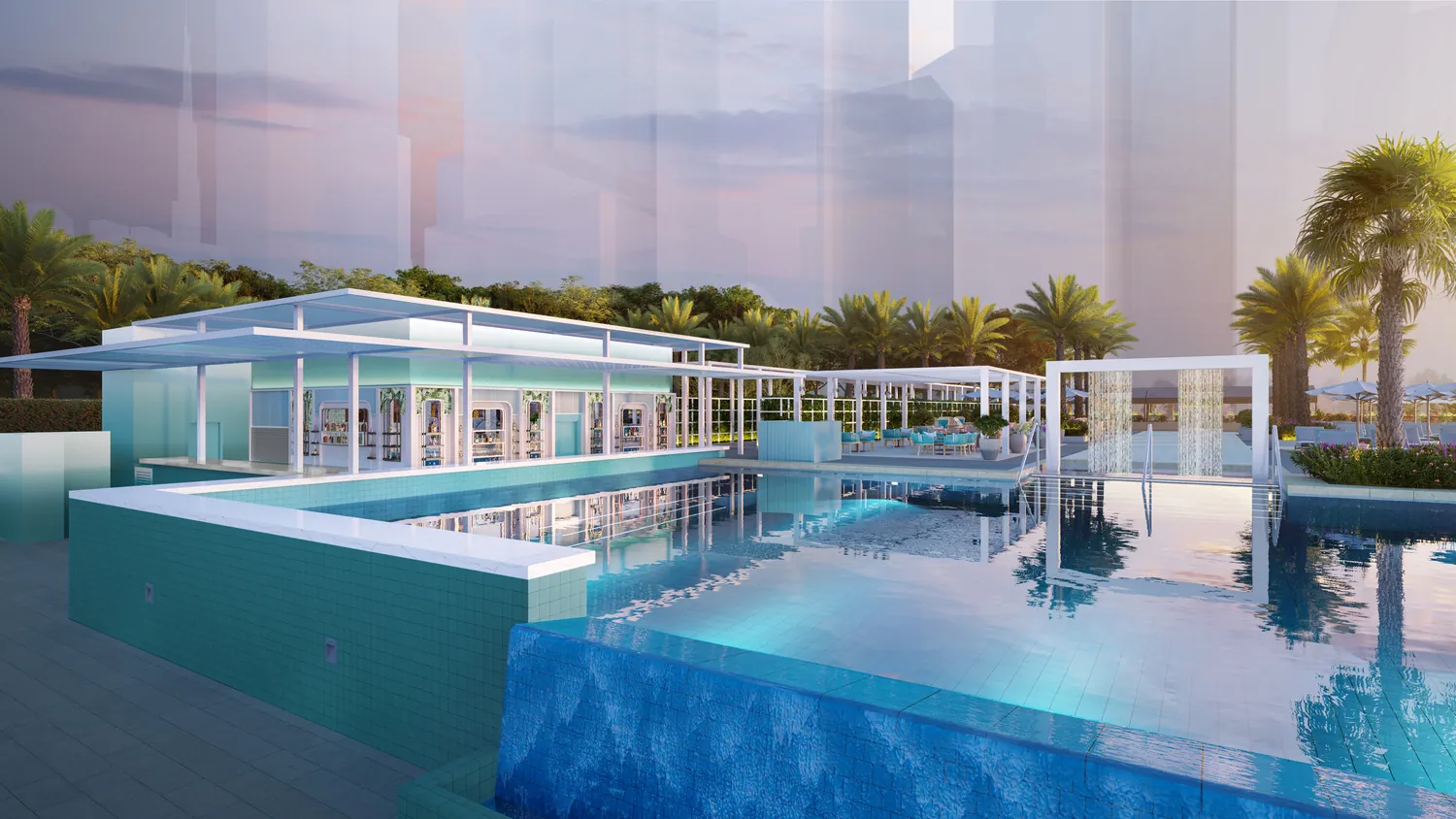 Dusk render of the infinity pool and glass pool bar pavilion