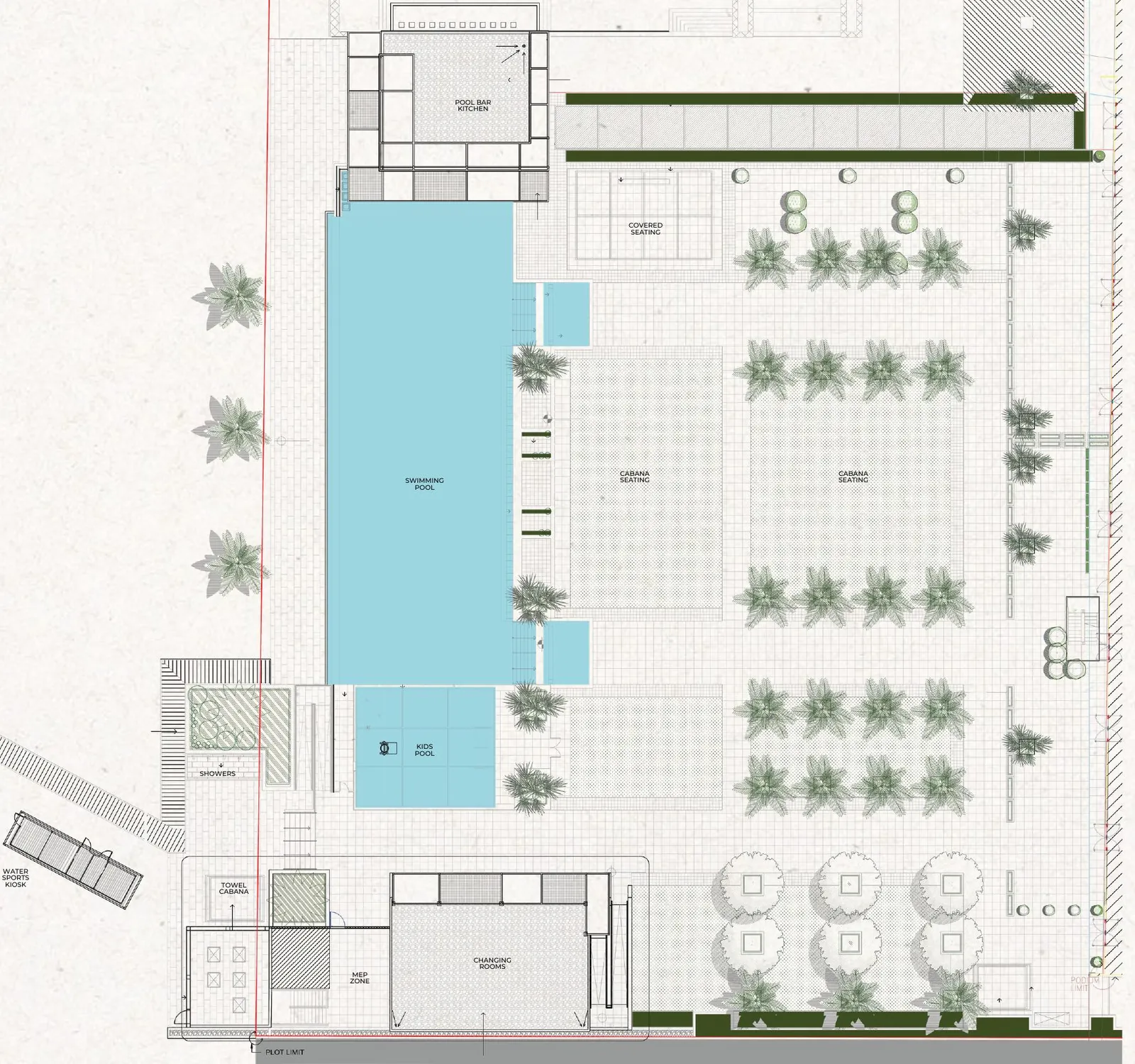 Annotated pool and landscape layout plan showing the swimming pool, kids pool, cabana seating, pool bar, kitchen, kiosks, and changing rooms