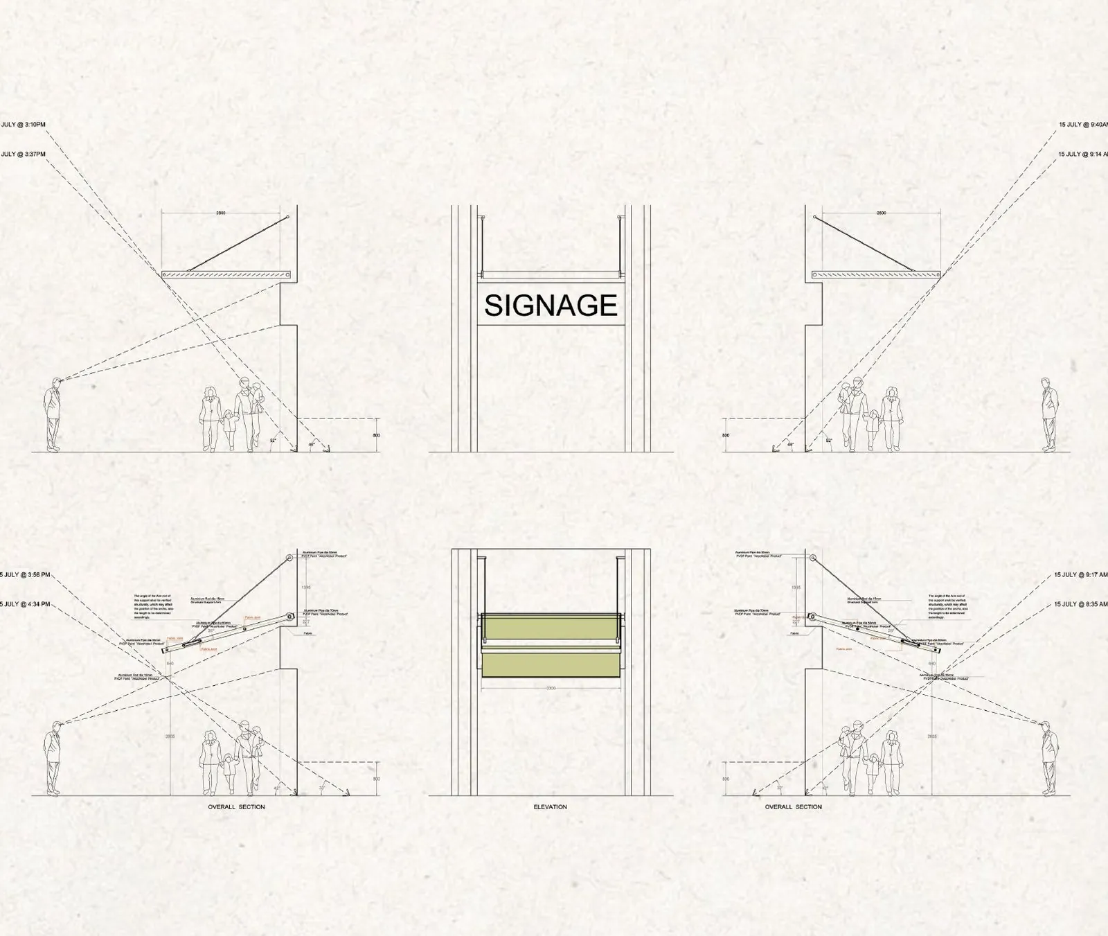 Sections and elevations detailing the retractable shopfront canopy and signage system