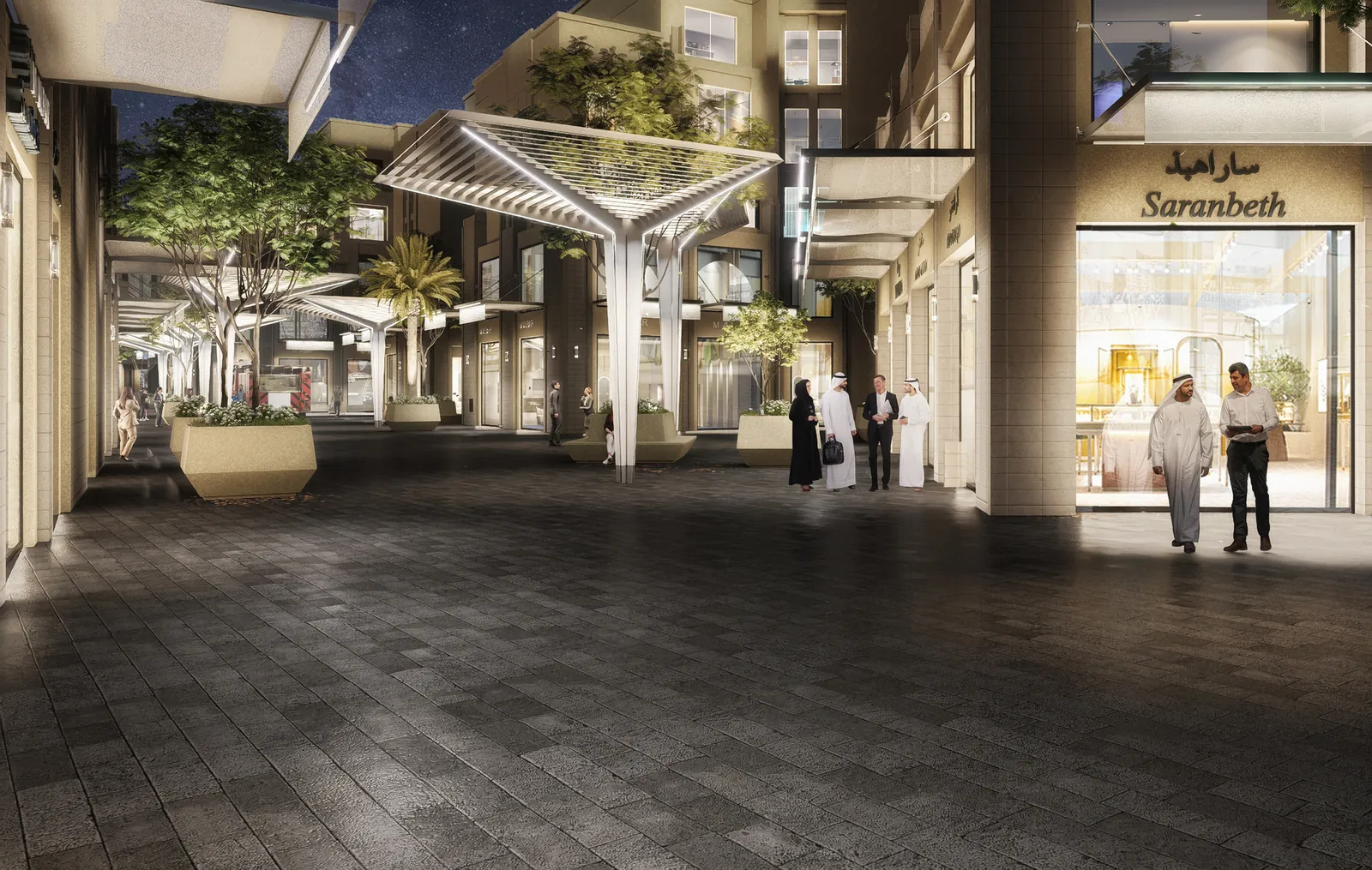Night render of the pedestrian street with tree-column pergolas and planter benches