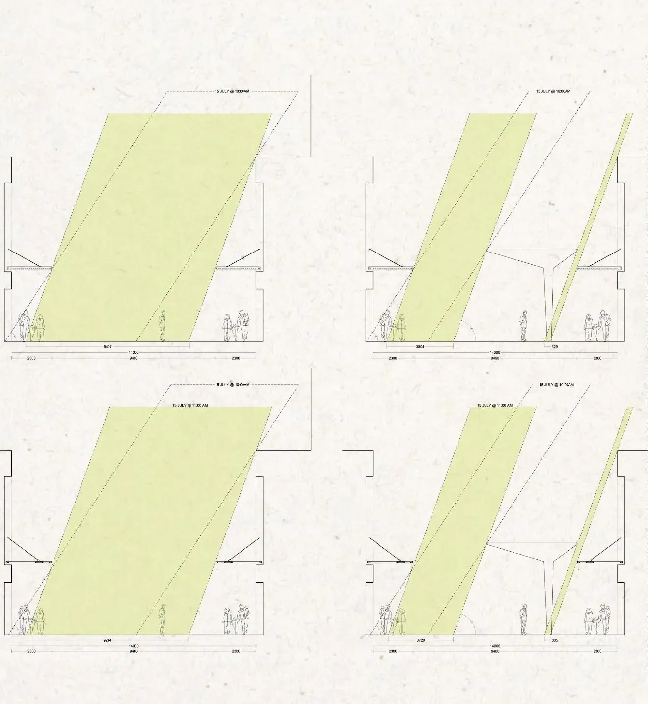 Annotated sun-path section diagrams studying shade coverage of the shopfront canopies through the day