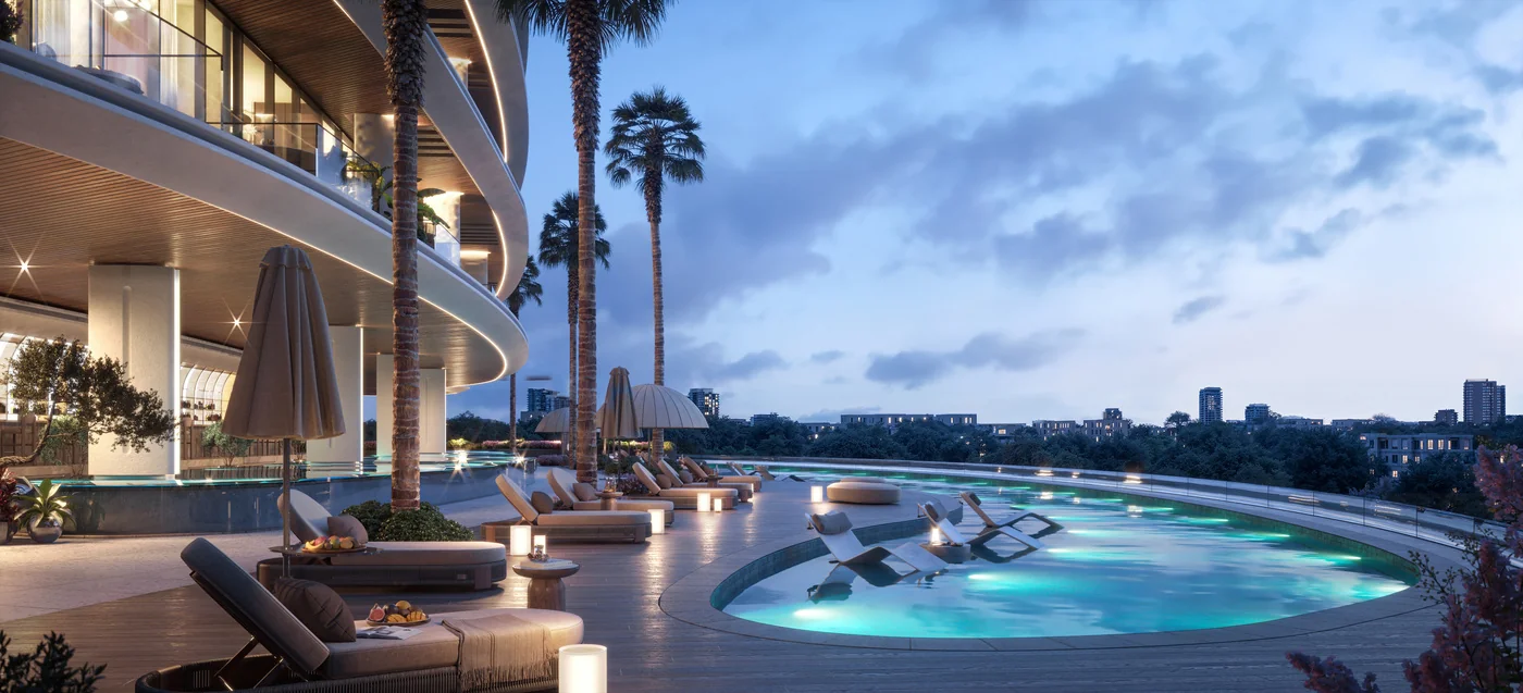 Dusk render of the Lia Residence pool terrace