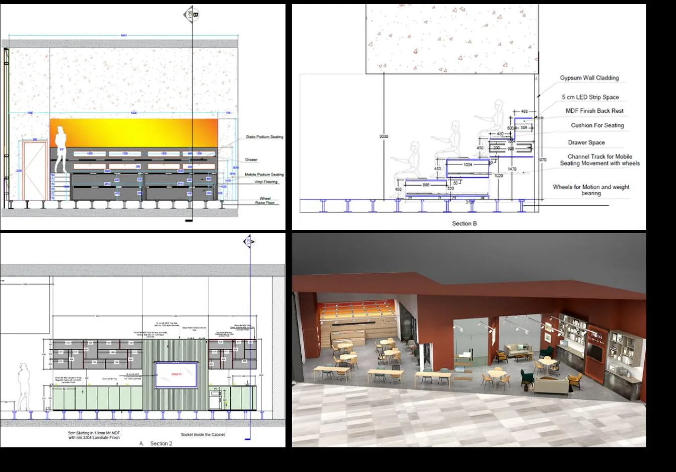 Execution detail drawings — podium seating sections and joinery wall section