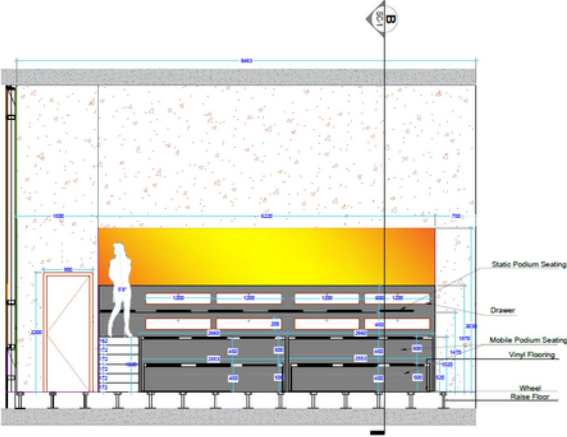 Execution section of the tiered podium seating with static and mobile units