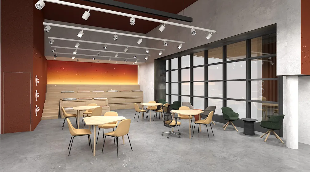 Design render of the open workspace with custom worktables