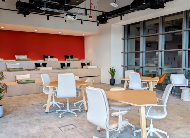 Site photo of the custom foldable worktables in the built space