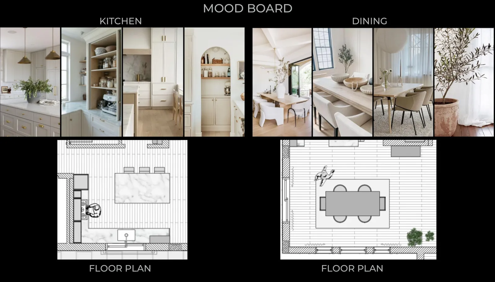 Kitchen and dining mood boards paired with their floor plans