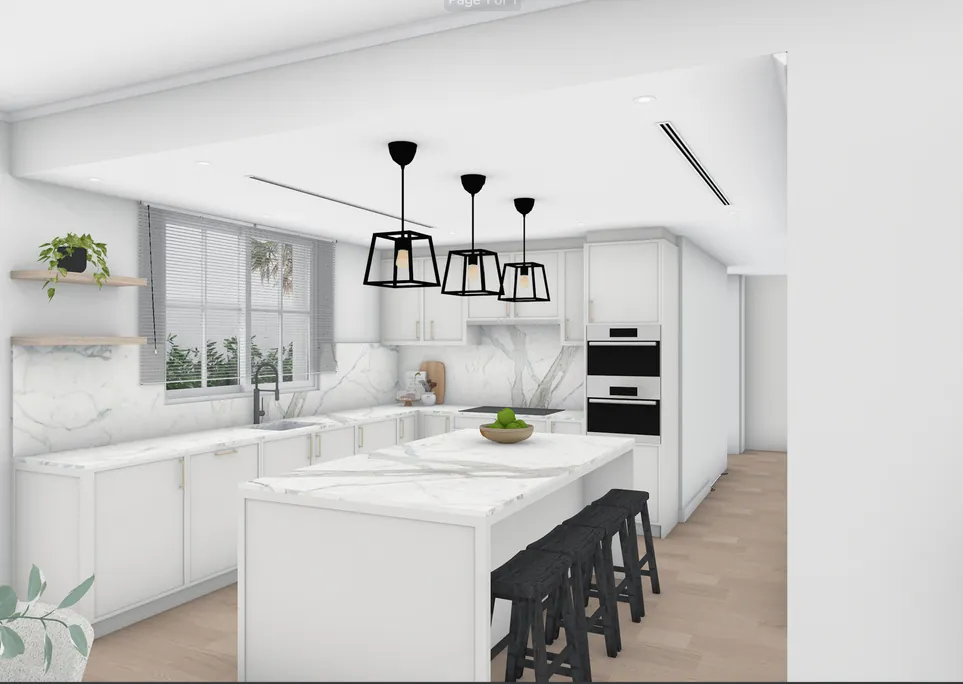 Render of the kitchen showing the neutral warm material palette