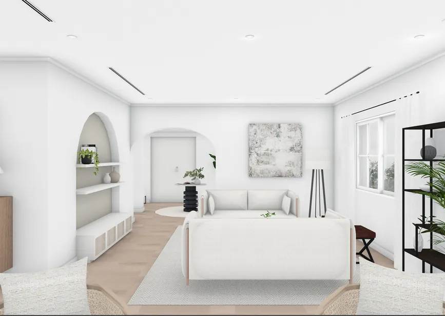 Render of the living and dining space in warm neutral tones