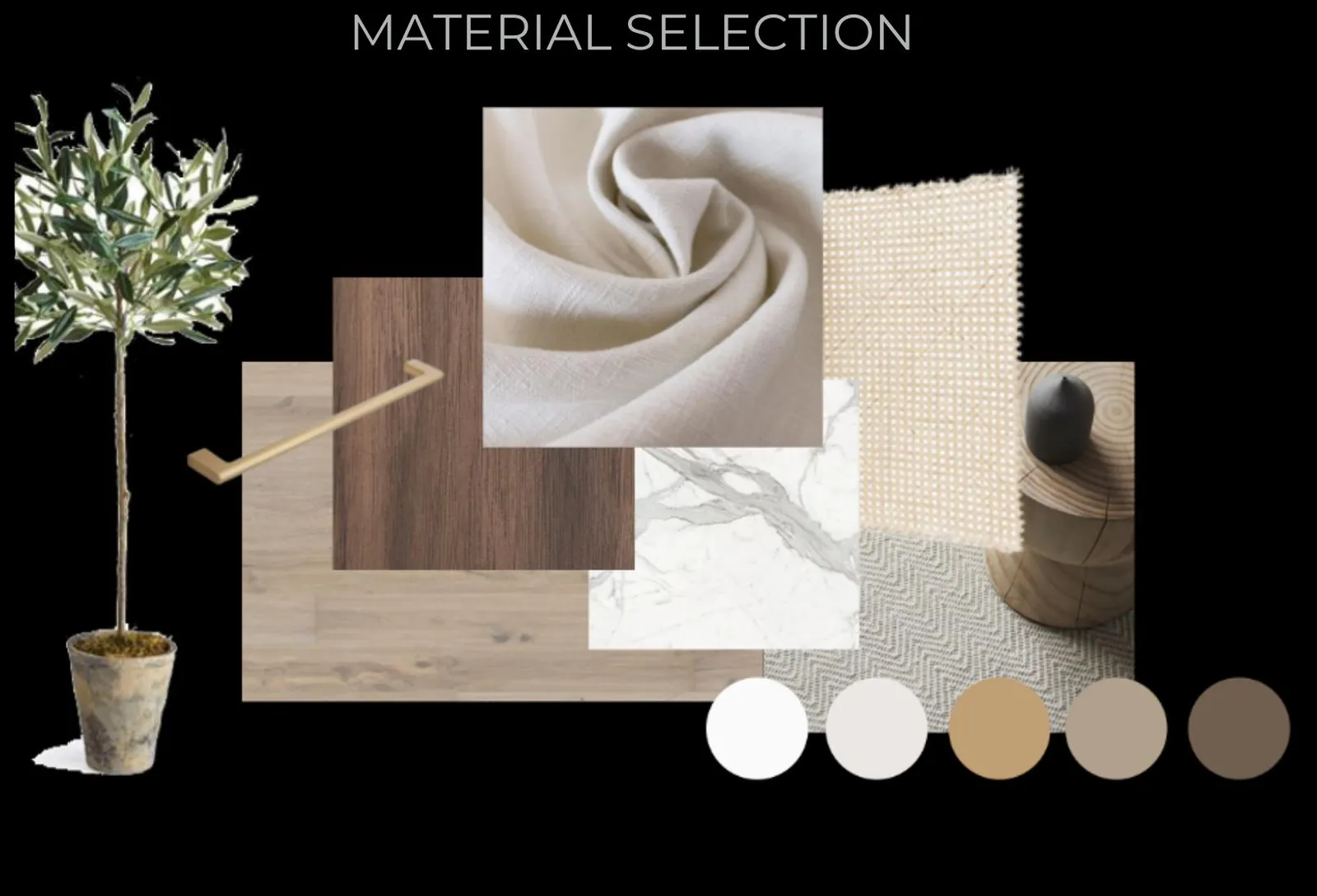 Material selection board with oak, walnut, linen, cane, marble and brass finishes