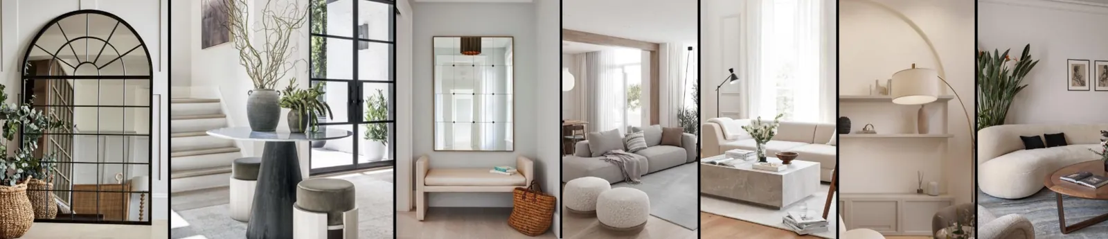Concept mood board of warm minimal interiors in neutral tones