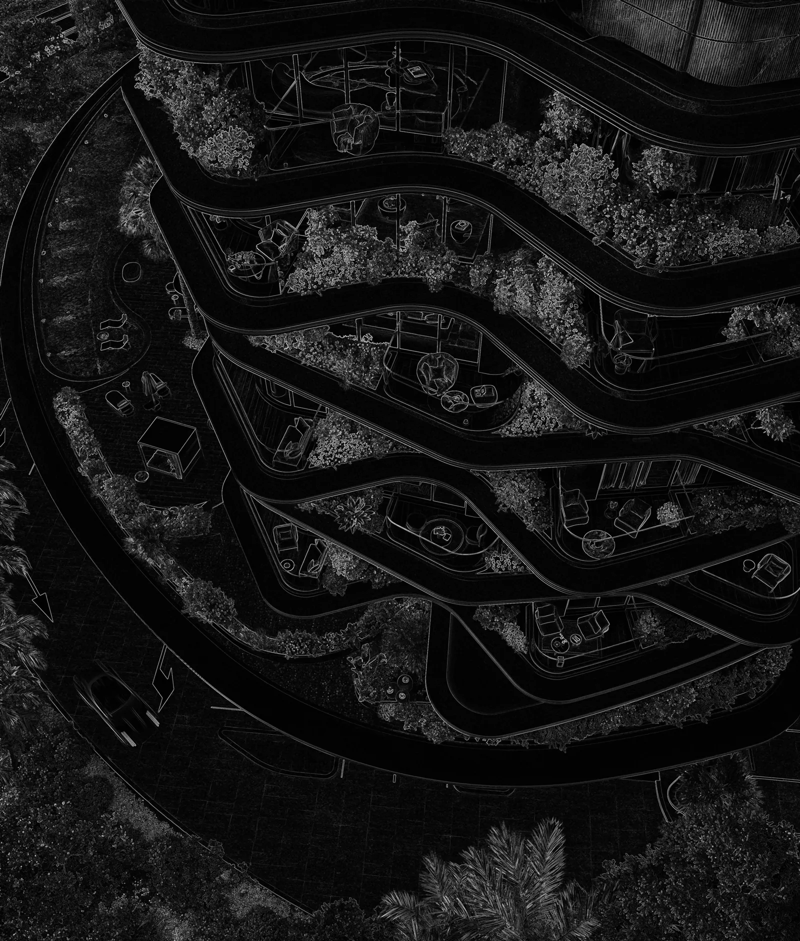 Aerial concept artwork of the D-shaped Lia Residence rendered in inverted line work on a dark ground