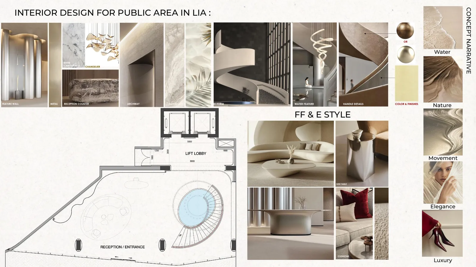 Interior design concept board for the public areas in Lia Residence