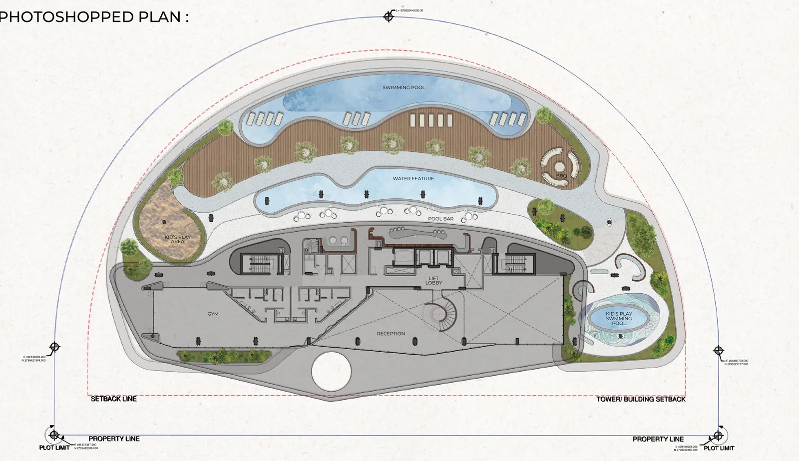 Photoshopped podium landscape plan showing swimming pool, water feature, pool bar, BBQ and kids' play area