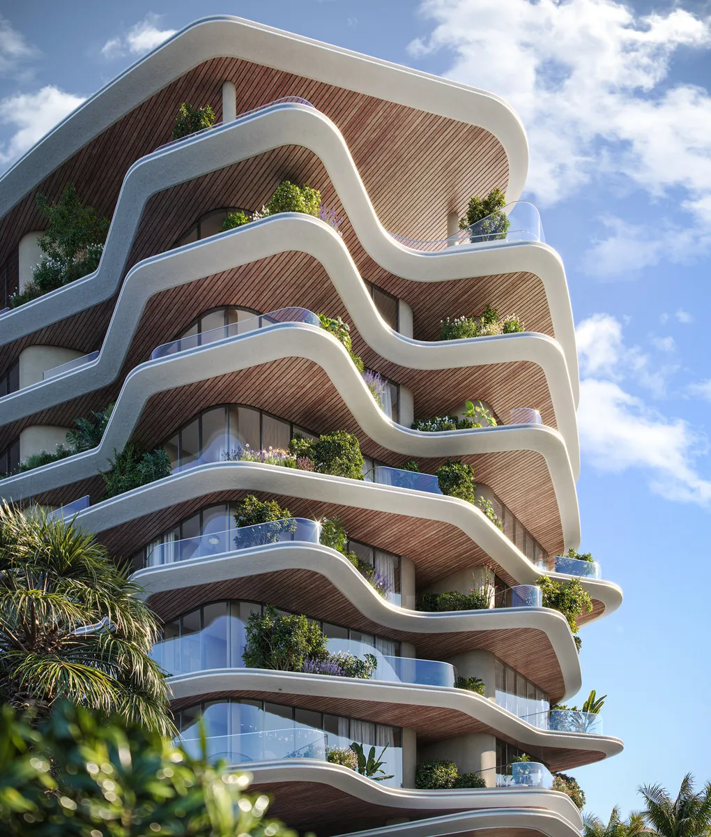 Render detail of the curved facade of Lia Residence