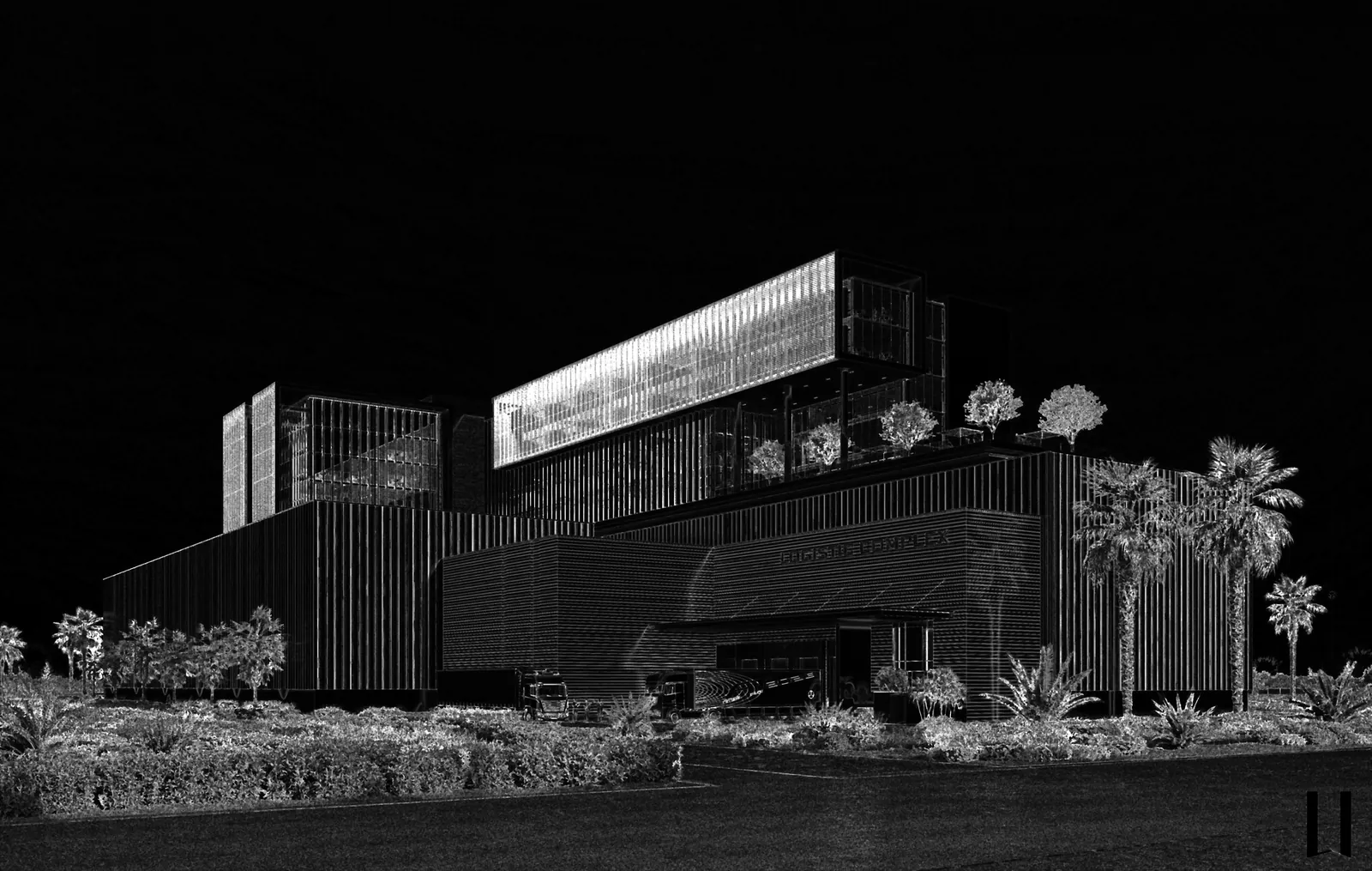 Inverted-line concept artwork of the Logistic Complex at night