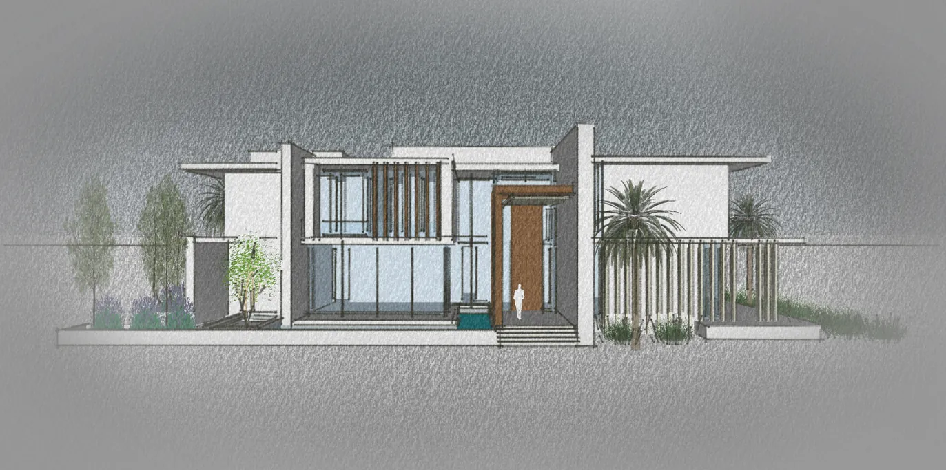 Front view of the villa entrance with timber door canopy