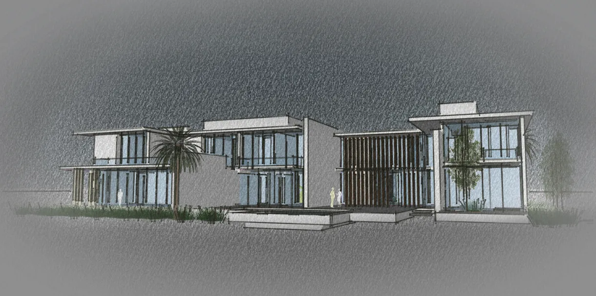 Perspective view of the two-storey villa massing with timber louvres