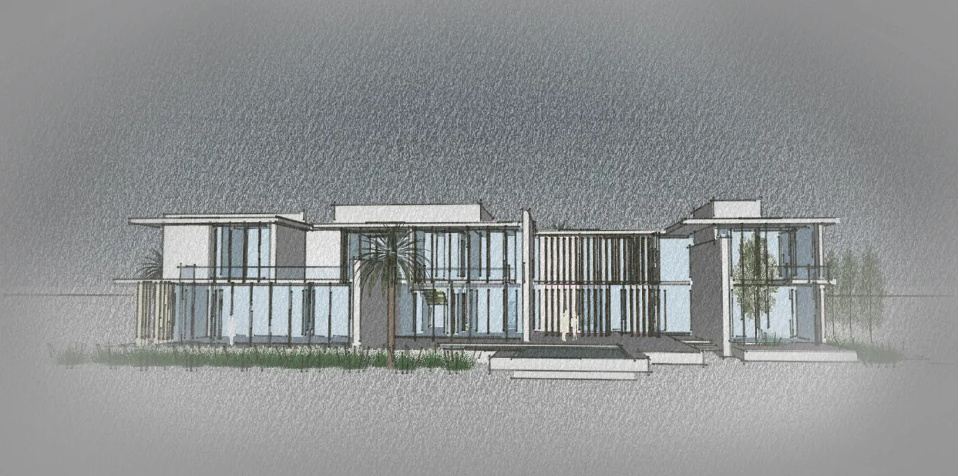 Long side view of the villa with reflecting pool